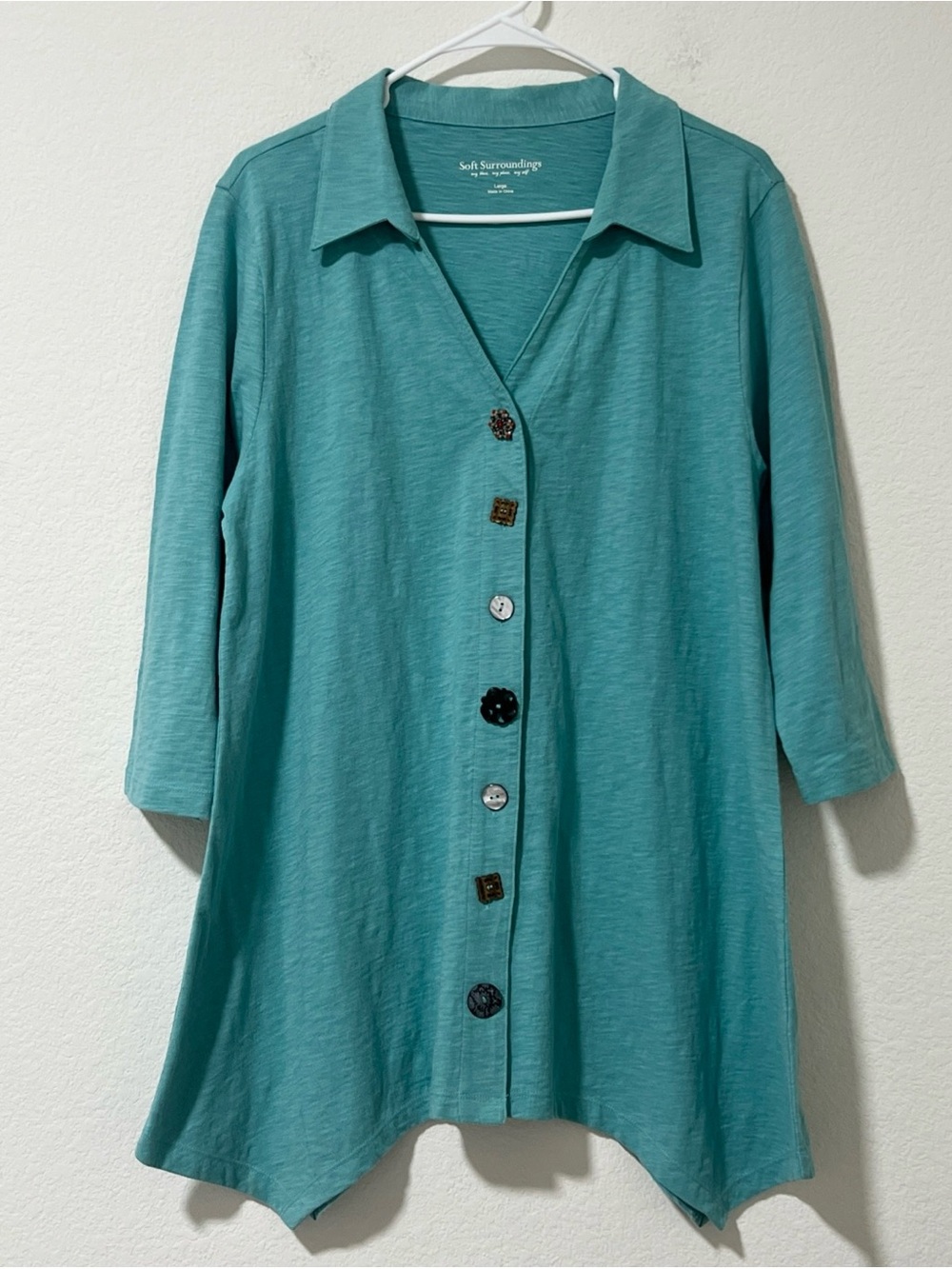 Soft Surroundings Teal Danielle Button 3/4 sleeve tunic, Size Large